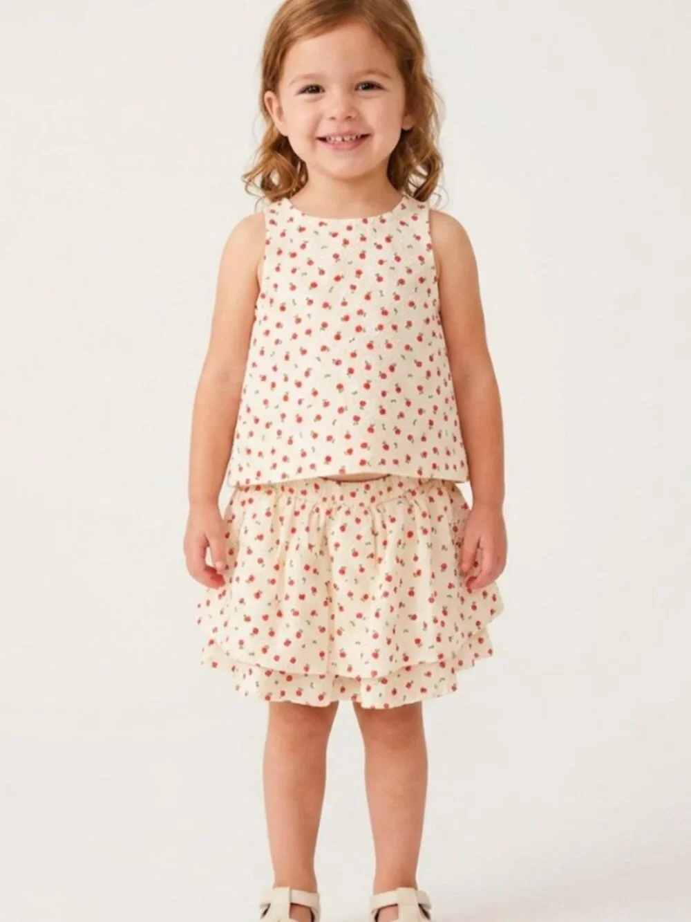 Hanna Andersson Seersucker Summer Skort Top Set 3T Cream Red Floral
